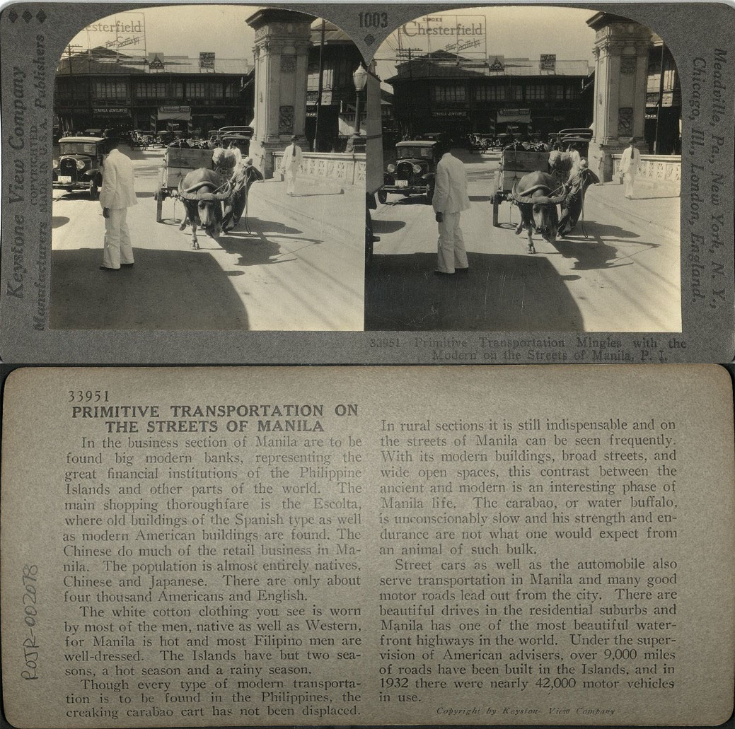 Primitive Transportation Mingles with the Modern on the Streets of Manila, P. I.